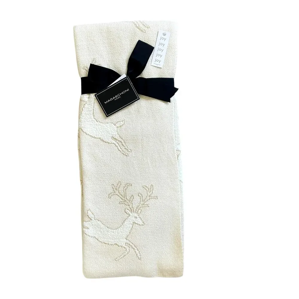 Magaschoni CHRISTMAS Reindeer Knit Holiday Throw 50x60 Holiday Cream & Gold New